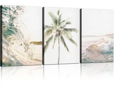 3pcs Framed Beach Ocean Waves and Palm Trees Coastal Seascape Wall Art Decor ...