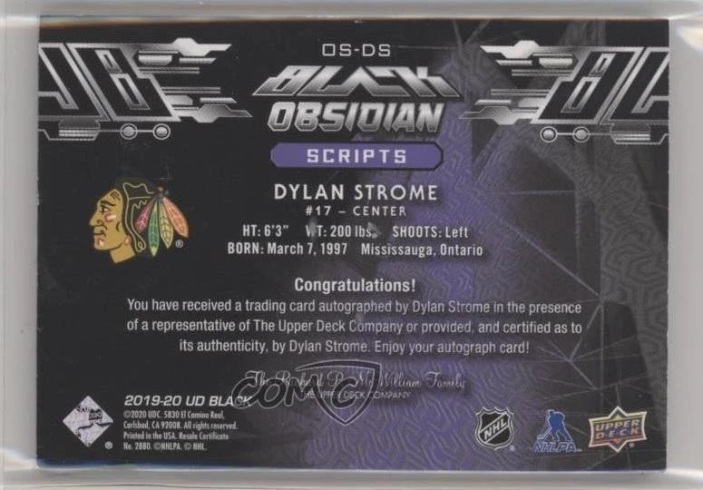 2019-20 SPx UD Black Obsidian Script 2020-21 Update Purple /49 Dylan Strome Auto - Image 2 of 2