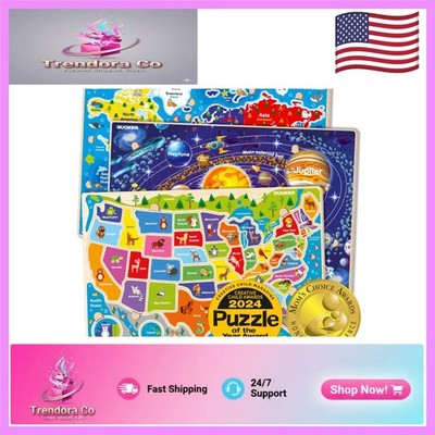 Bright & Sturdy Wooden Puzzle Set - World and Solar System Learning for Ages 3-6