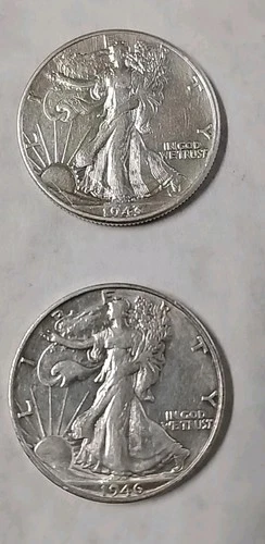 Lot of 2 1943P 1946S Walking Liberty Half Dollars-90% Silver V Fine-Ex Fine#L10