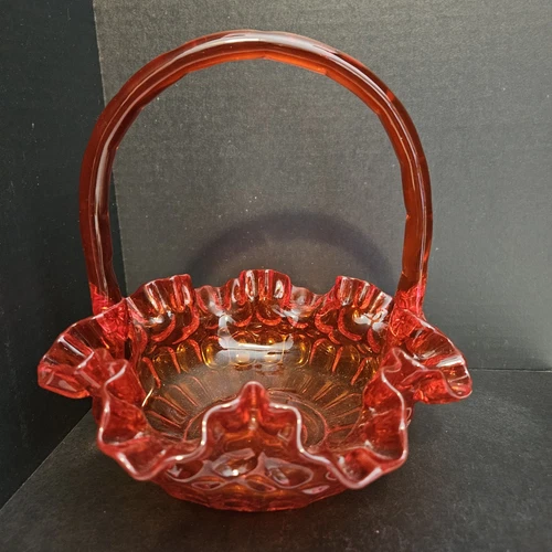 Vintage Fenton Orange Glass Thumbprint Colonial Thumbprint Basket 8” Tall