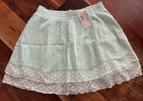 LoveShackFancy Tova Mini Skirt Seafoam Green Lace Cotton Elastic Waist, S