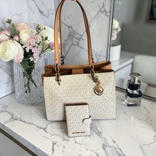 Michael Kors MK Signature Beige Brown Tote Zip/Magnetic w/ Charm Gold Hardware