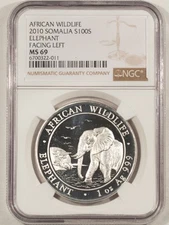 2010 SOMALIA 100 SHILLINGS 1 OZ 999 SILVER AFRICAN ELEPHANT FACING LEFT NGC MS69
