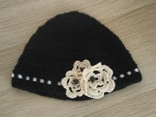 Handmade Crochet Black and Cream Flower Hat 1920's 1930's Style