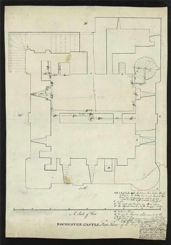 Dibujo a pluma y tinta Ichnography Rochester Castle Kent finales del siglo XVIII principios del siglo XIX Foto 2 de 4