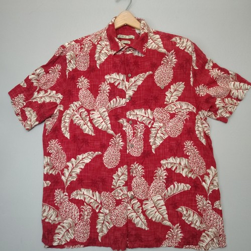 Batik Bay Button Front Shirt Men XL Red Pineapple Tropical Leaf Print Rayon