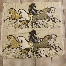 MCM Rare Lee Jofa Celadon 48” Wild Plains Hand Print Linen Fabric Horses Sample