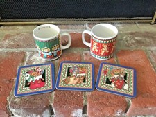 5 Piece Lot Vintage Lucy & Me Christmas Mugs and Christmas Drink Coasters 1980’s