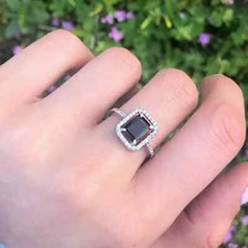 14K White Gold Plated 3Ct Emerald Lab Created Black Diamond Halo Engagement Ring