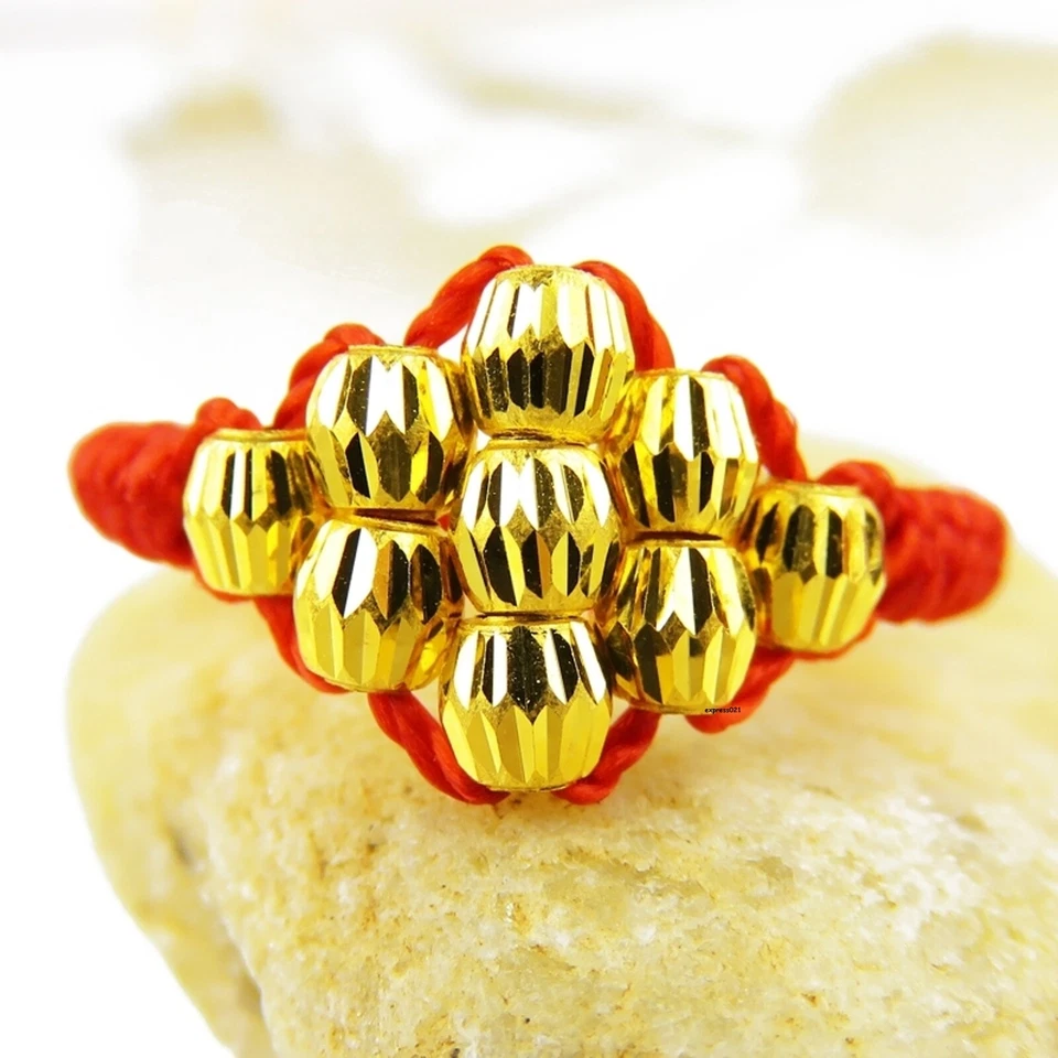 Pure 999 24K Yellow Gold Band Men Women Lucky Laser Bead Red Cord Braided Ring - Image 2 of 4