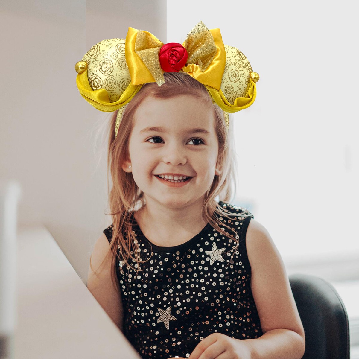 NWT DISNEY PARKS Belle Beauty & The Beast Gold Bow Rose Minnie Ears Headband Disney- Parks Belle Beauty & the Beast Rose Bow Minnie Mouse  main image 2
