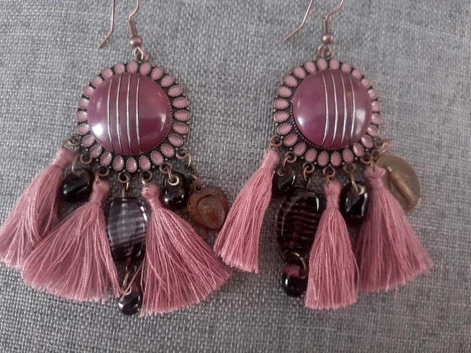 Boho Dusty Rose Tassel And Bead Statement Earrings - Image 2 of 4