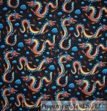 BonEful Fabric FQ Cotton Quilt Black Rainbow Gold Chinese Magic Dragon Fire Sale