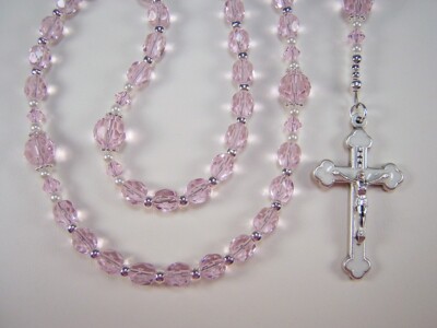 Girls Pink Rosary Catholic 17+'' Pink Shimmer Czech Glass Chica Católica Rosario
