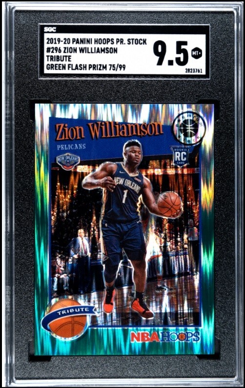 ⛰ Zion Williamson 2019 Panini NBA Hoops Green Flash Prizm #75/99 Rookie SGC 9.5