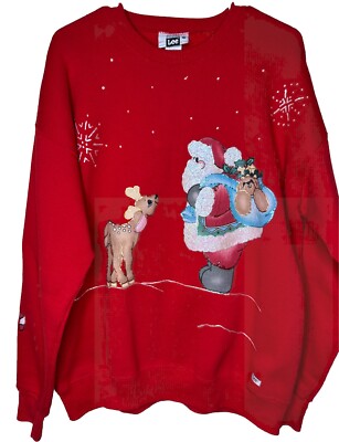 Vintage LEE Heavyweight Red Santa Deer Glitter Ugly Christmas Sweater USA  XL