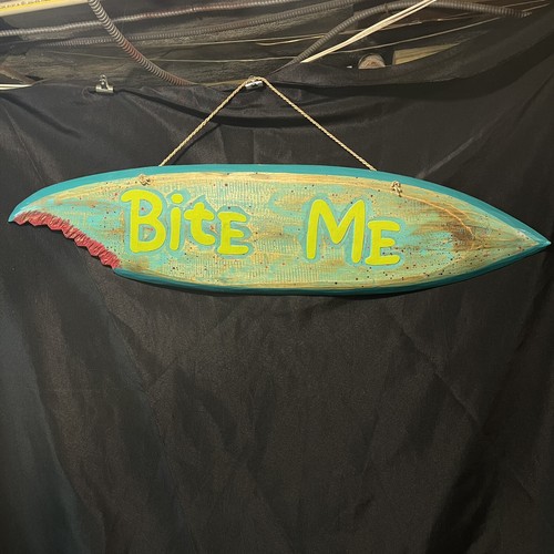Shark “Bite Me” Surf Board Wall Hanging Surfing/Nautical/Ocean/Beach Decor 37”