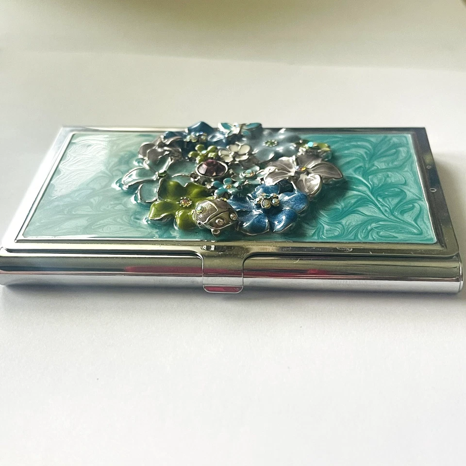 Estuche Portatarjetas Verde Esmalte Floral Spring Street NY Licencia de Conducir Tarjeta de Crédito Foto 3 de 4