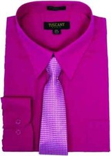 Men's Dress Cotton-Blend Shirts W/ Matching Random print Tie Set -Fuchsia Pink
