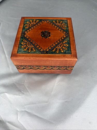 Hand Carved Wooden Jewelry Trinket Box Decorative Folk Art Footed Storage Chest