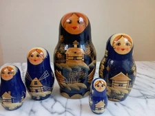 Russian Hand Painted Matroyska Nesting Dolls, Winter Scene, 6"