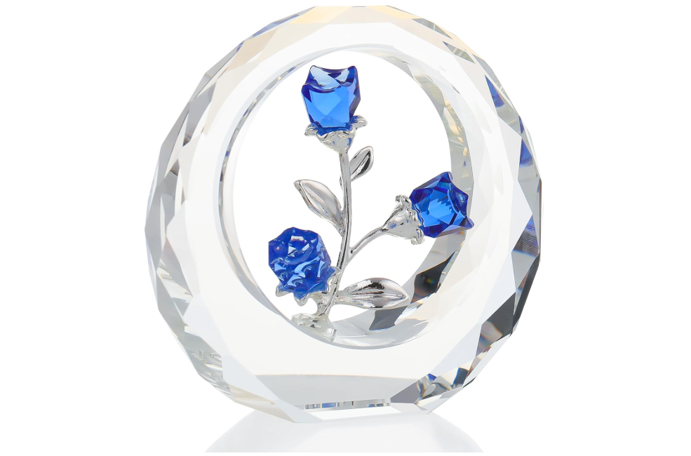 Crystal Blue Rose Bouquet Figurines Glass Flowers with Stems Valentines