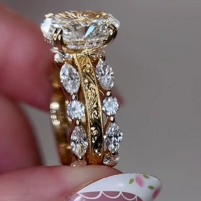 5.29CTW Oval Cut Moissanite Enhance Set Engagement Ring 14K Yellow Gold Plated