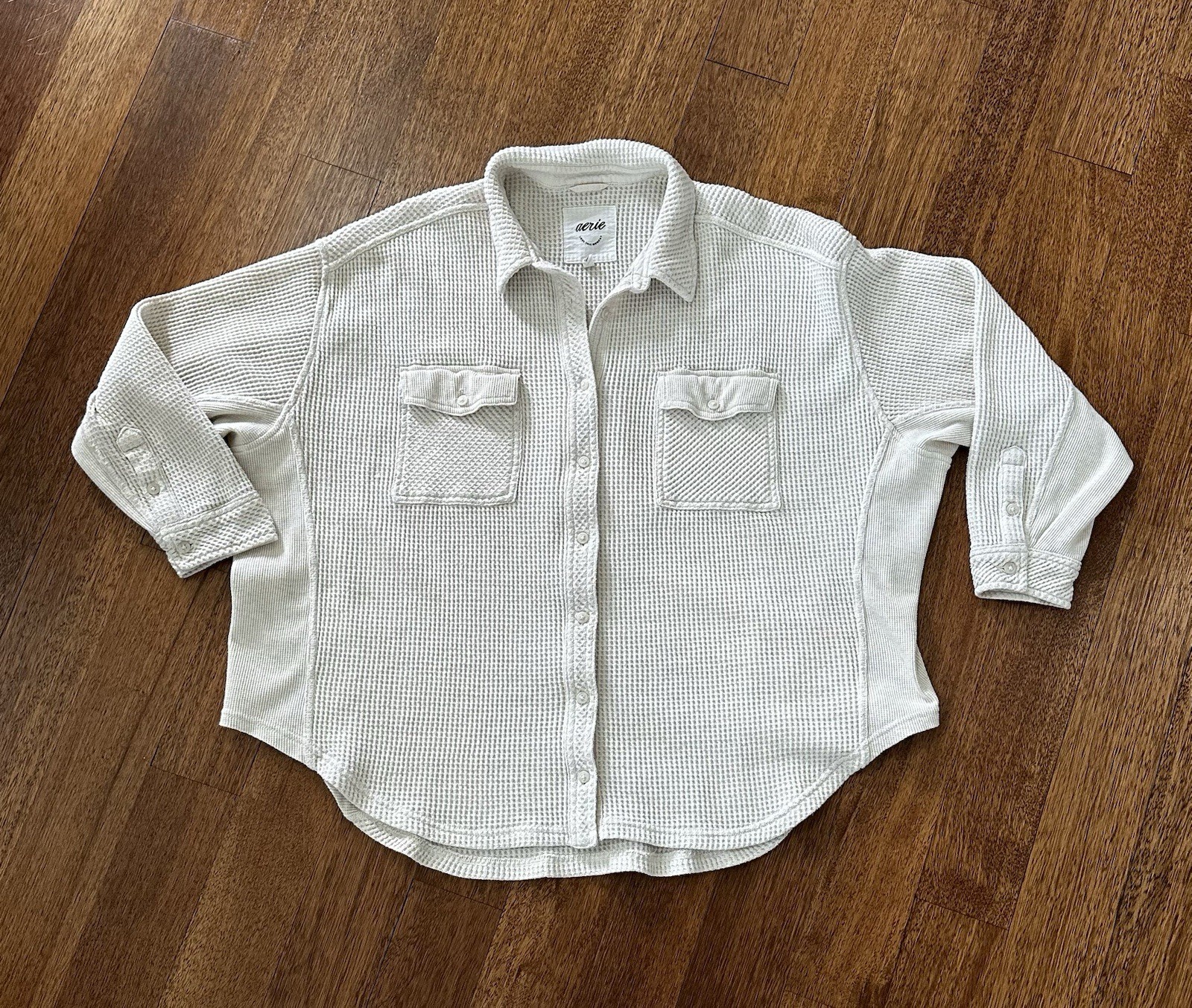 Aerie Top Womens L Ivory Lumberjane Oversize Button Up Waffle Thermal Shacket