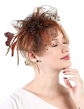 Fascinator Hat for Women, Feather Headband with Clip, Elegant One Size Brown-01