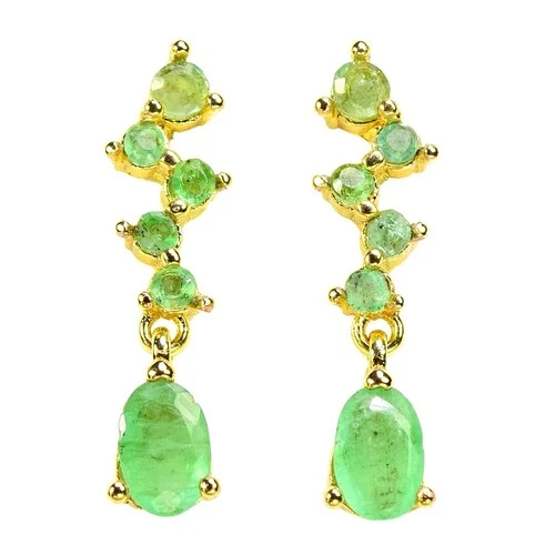 NATURAL AAA GREEN EMERALD OVAL & ROUND STERLING 925 SILVER DROP EARRING