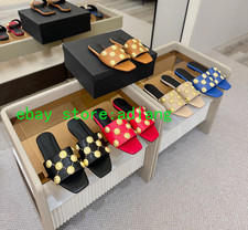 gold rivet cow leather flats fashion slippers women shoes 2026 high quality36-42