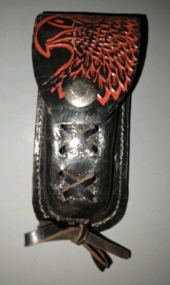 Black Leather VINTAGE Knife/Mult-tool holder HANDTOOLED Red Eagle Tassel