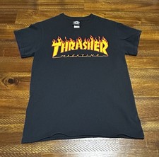 Thrasher Skateboard Magazine SF Black T Shirt Orange Flames Men's Sz S SMALL