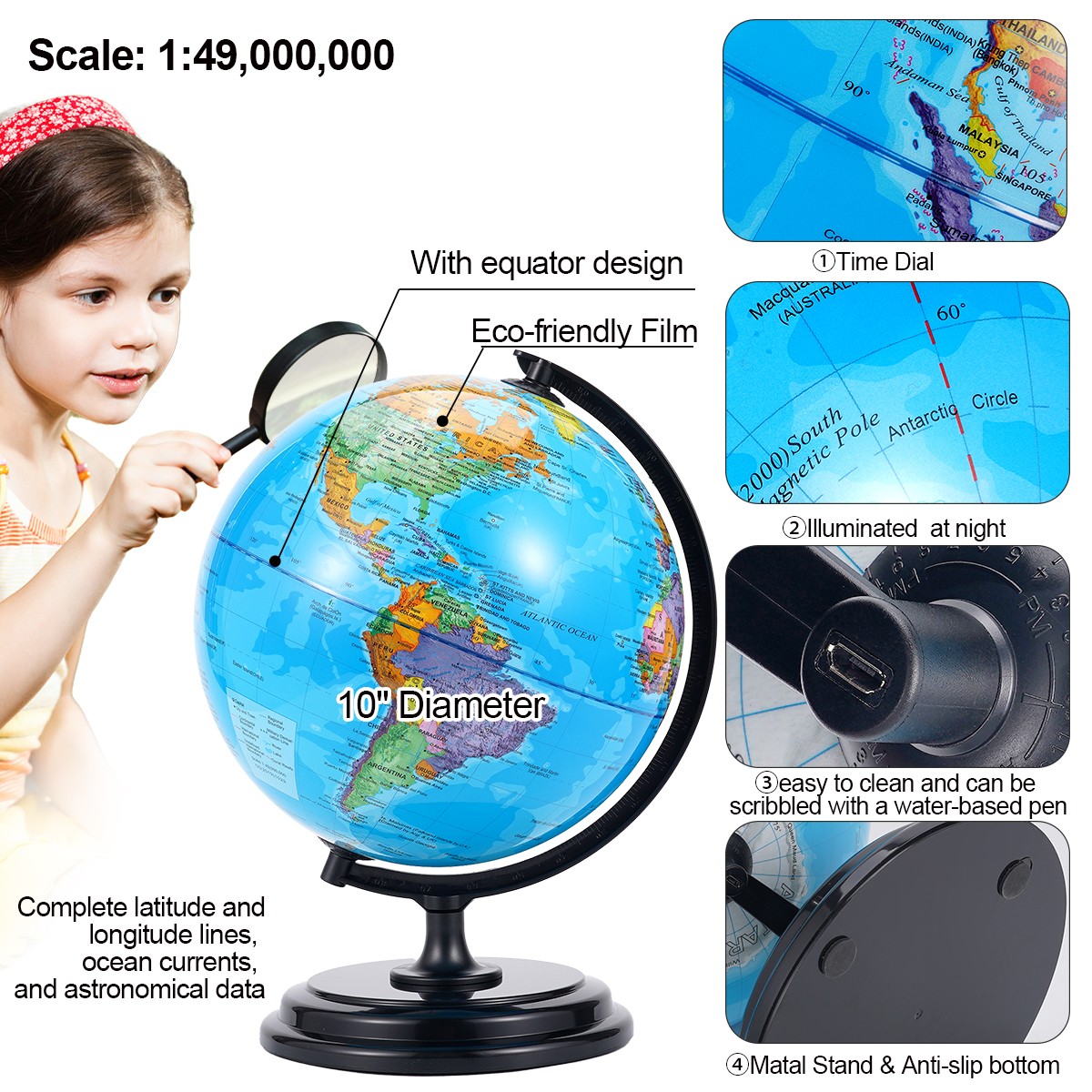 3D AR World Globe Large w/Stand Ocean Rotating World Map Geography