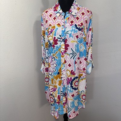 Figueroa & Flower Blouse Women's 1X Multicolor Floral Geo Roll Tab Sleeve Boho