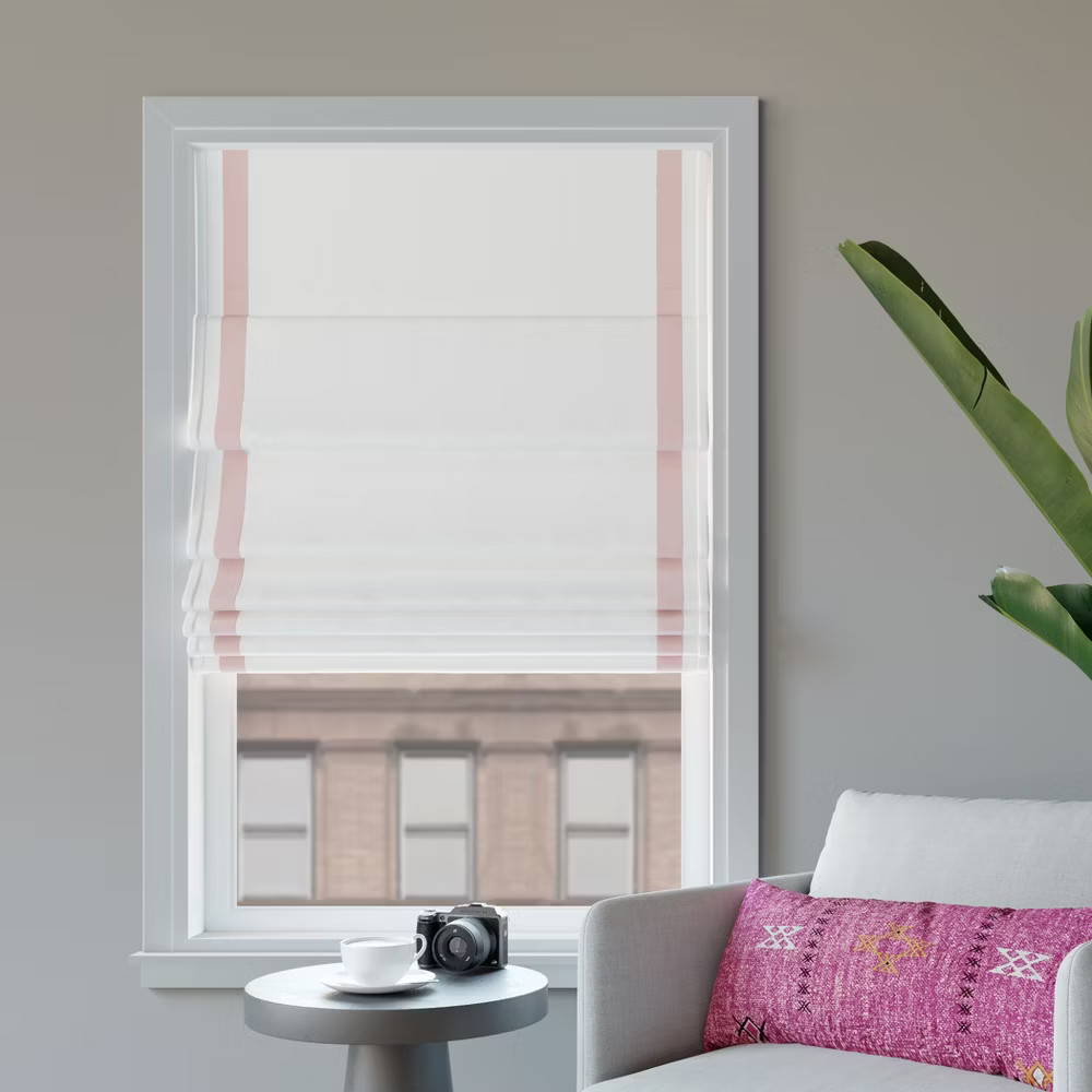 31''x64'' Sun Zero 100% Blackout Hailey Ribbon Border Cordless Roman Window Shade