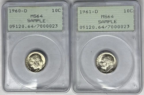 1960 D & 1961 D Roosevelt Dime PCGS MS64 SAMPLE ❎❎VINTAGE PCGS RATTLER / OGH❎❎