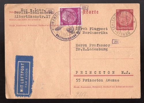 GERMANY 1940 Postal Card to USA Physicist Max von Laue Nobel Prize Winner Signed