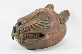 O56J16 Afrikana antike Benin Bronze Figur Leopardenkopf