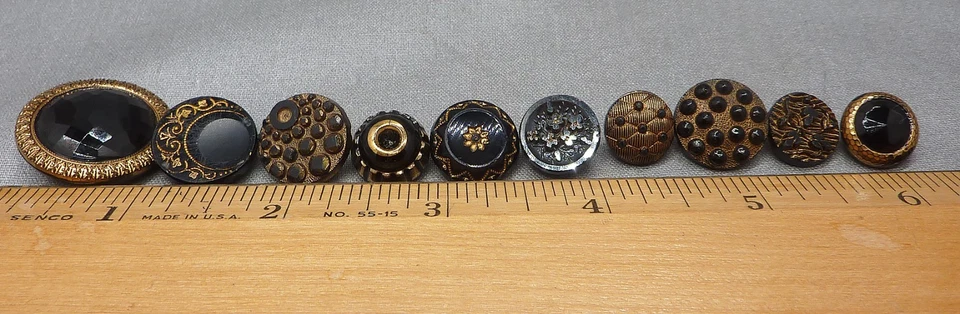 10 botones antiguos vintage de vidrio negro de 1/2" a 1" (juego 54) Foto 2 de 4