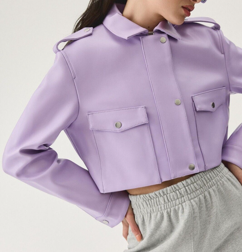 Anthropologie Deadwood Bella Cropped Lilac Zip Snap Faux Leather Lined Jacket 6 - Picture 12 of 24