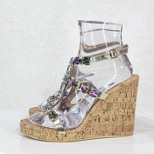 Summer Time Colorful Jeweled Cork Wedge High Heel Sandals - Picture 2 of 13