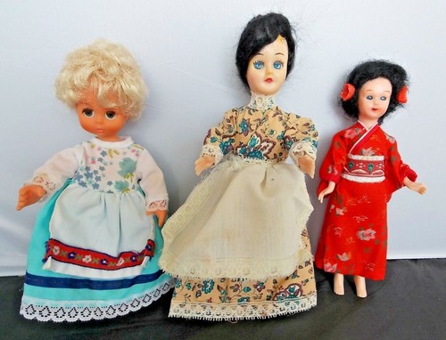 Lot of 3 Vintage Plastic Dress Up Dolls Japanese Black Hair Blond Girl Costume