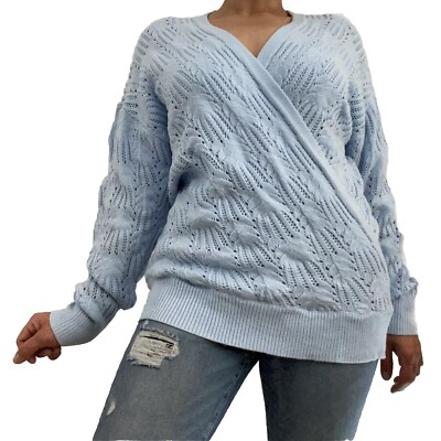 Merokeety Women's L Blue Open Cable Knit V Neck Wrap Sweater