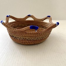 Pine Needle Basket Handwoven In Mexico - Round with Blue Thread - 10" x 4" EUC