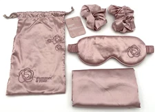 Summer & Rose Satin Sleep Set - Pink - Pillowcase/Scrunchies/ Sleep Mask - NEW