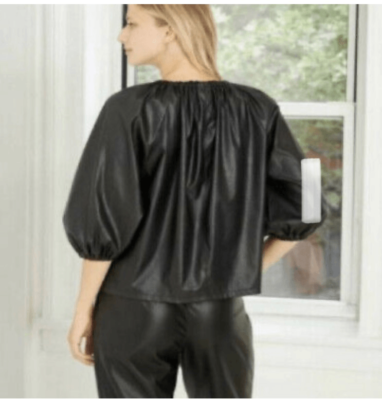 Who What Wear Women's Faux Leather Balloon 3/4 Sleeve Black Top Sz