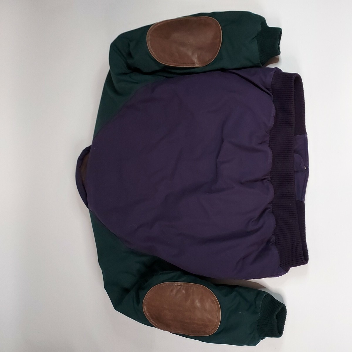 Vintage 90s Eddie Bauer Mens Down Purple Grn Leather Elbow