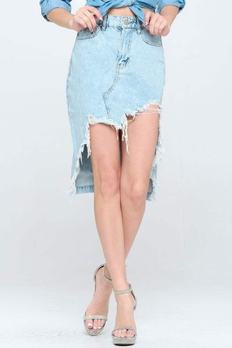 Blue Age Destroyed Hem Blue Denim Jean Skirt